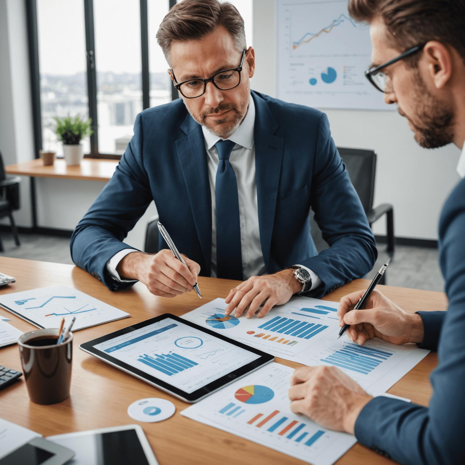 A professional financial advisor discussing tax optimization strategies with a client, pointing at charts and graphs on a digital tablet