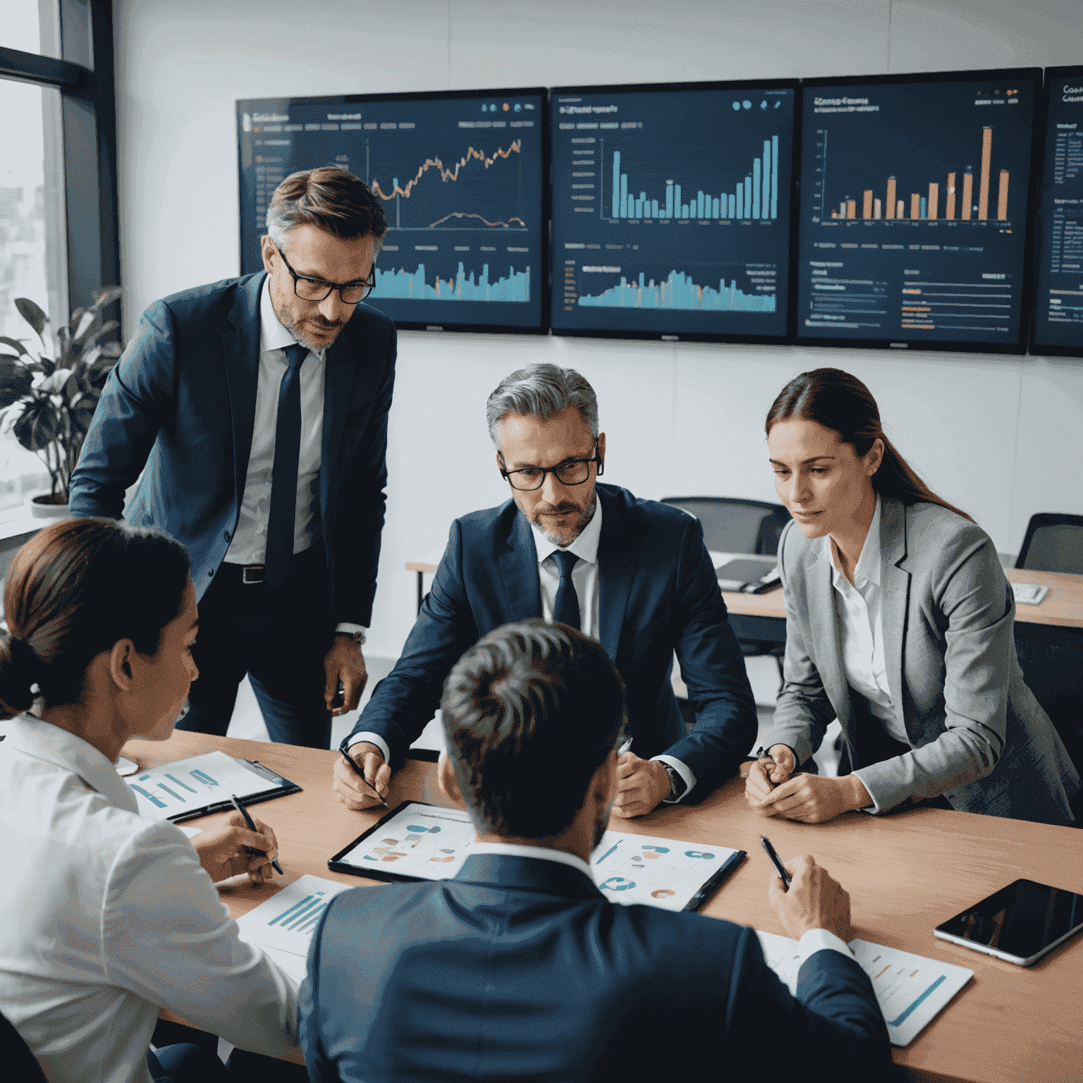 A diverse team of financial consultants collaborating on a complex business strategy. They are using interactive digital tools and analyzing financial data on multiple screens.