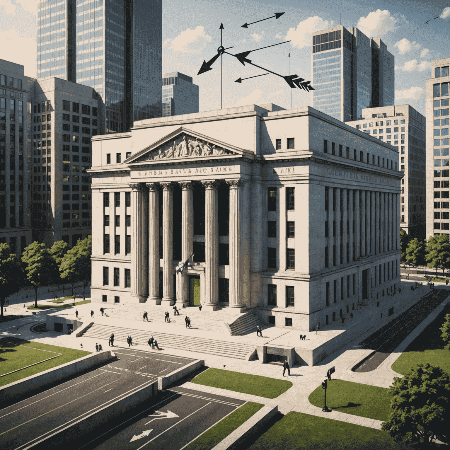 Illustration of central bank building with arrows indicating interest rate direction and impact on various economic sectors